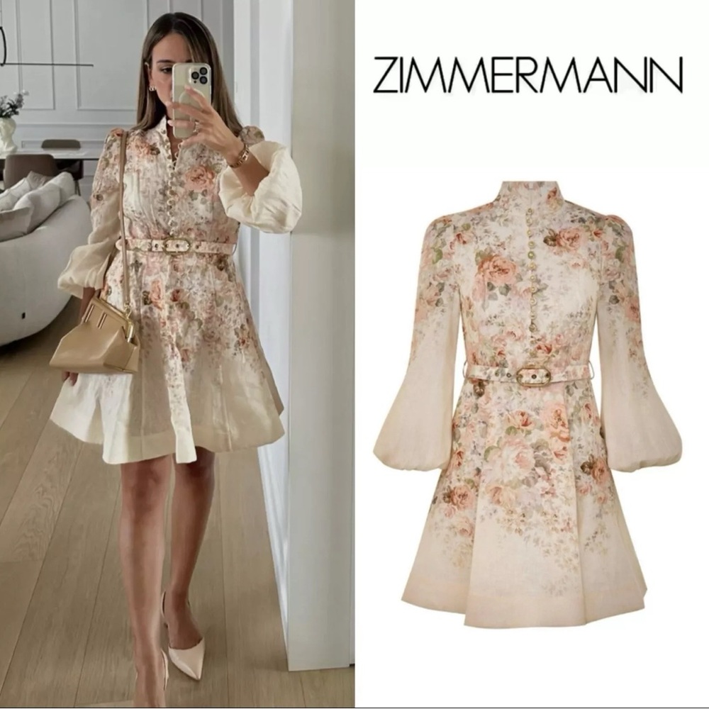 Zimmermann Illustration Buttoned Mini Dress in Cream Rococo Floral